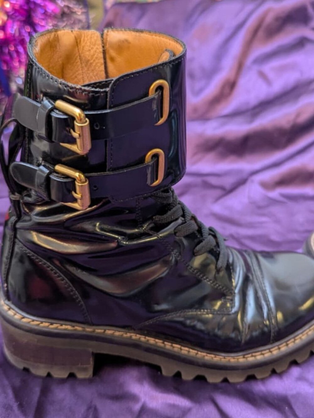 Black Patent Leather See by Chloe Mallory Biker / Moto Boots - sz 36.5 / 6